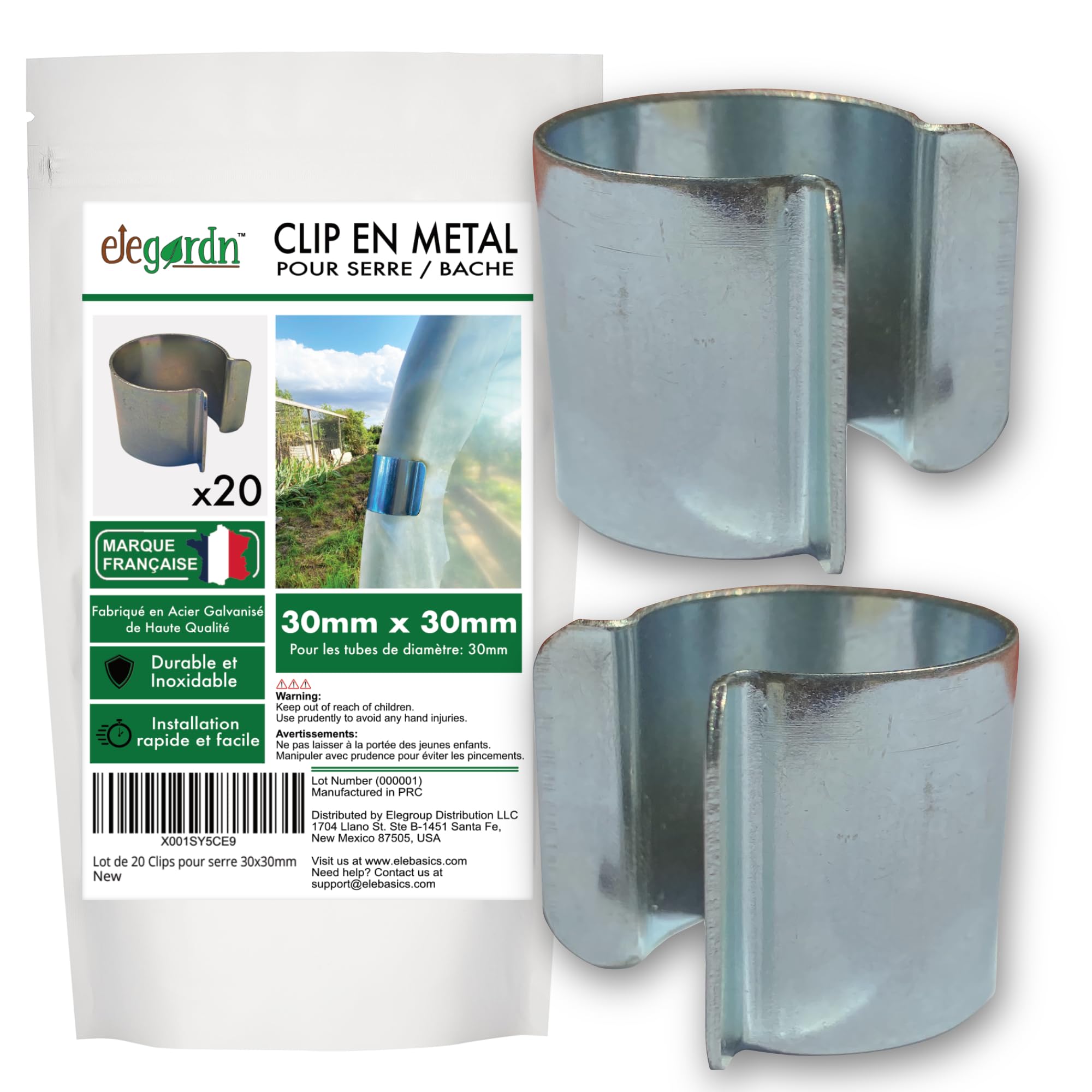 Elegardn Pack of 20 Greenhouse Clips, 30 mm x 30 mm, Clips for Greenhouse, Tunnel, Garden Tarpaulin, Metal, Zinc Coated