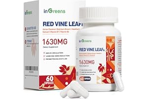INGREENS Red Vine Leaf Extract 1630mg with Horse Chestnut, Butcher’s Broom, Hawthorn Supplement for Varicose Veins, Leg, Circulation, Heart, Skin, Support for Heart Health, Made in USA, 60 Capsules