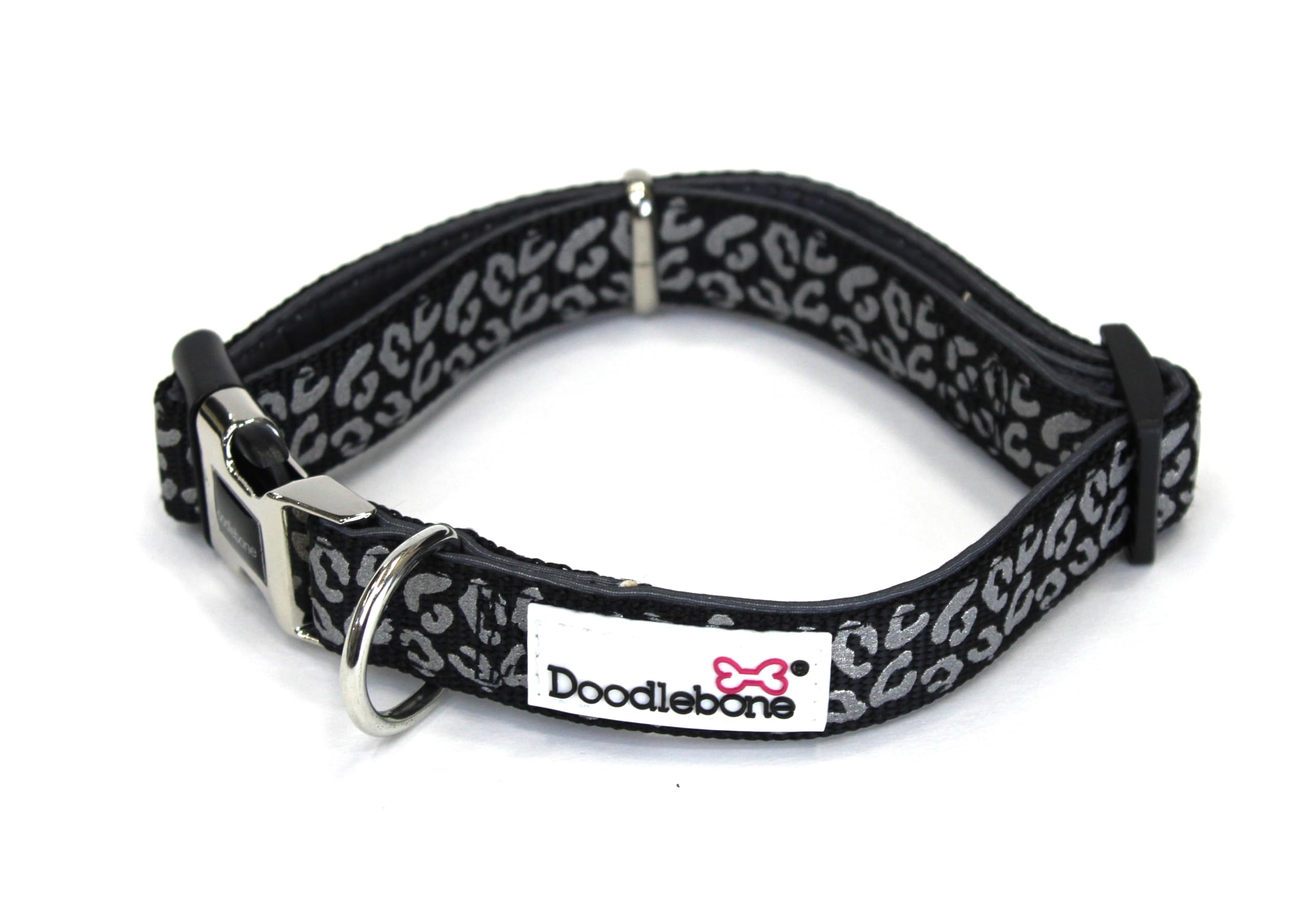 Doodlebone – Padded Dog Collar – Adjustable Breathable Comfort Collar with Reflective Stitching, Strong D Ring & Durable Metal Buckle for Daily Walks – Size 6-11 50–70cm - Coal Leopard Reflective