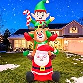 KOOY 6FT Tall Christmas Inflatable Outdoor Decorations, Blow up Yard Decoration Outdoor, Santa Claus with Reindeer & Elf Stack Built-in LED for Xmas Party Decor Yard Outside Garden Holiday Decoration