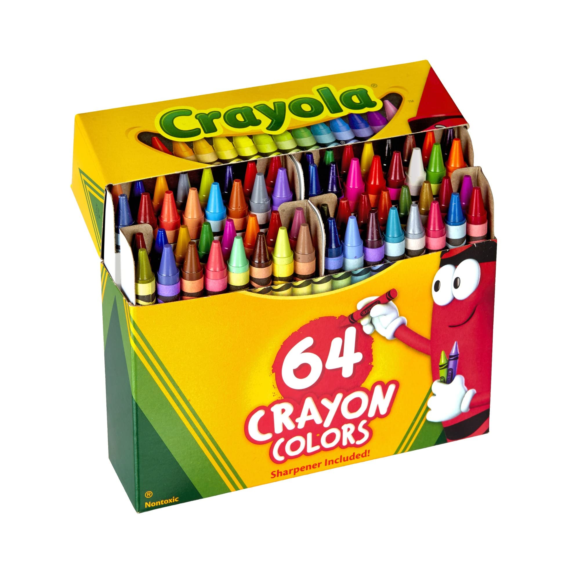 CRAYOLA Wax Colouring Crayons - Assorted Colours (Pack of 64), A Must - Have for All Kids Arts and Crafts Sets, In Handy Flip Top Box with Sharpener Included, Ideal for Kids Aged 3+