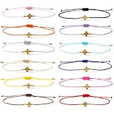 Bohxantium 12PCS Gold Cross Bracelets for Women Handmade Beaded Colorful Adjustable String Stackable Friendship Wish Bulk Cross Bracelet Stack Rope Christian Jewelry Religious Baptism BFF Lucky Gift