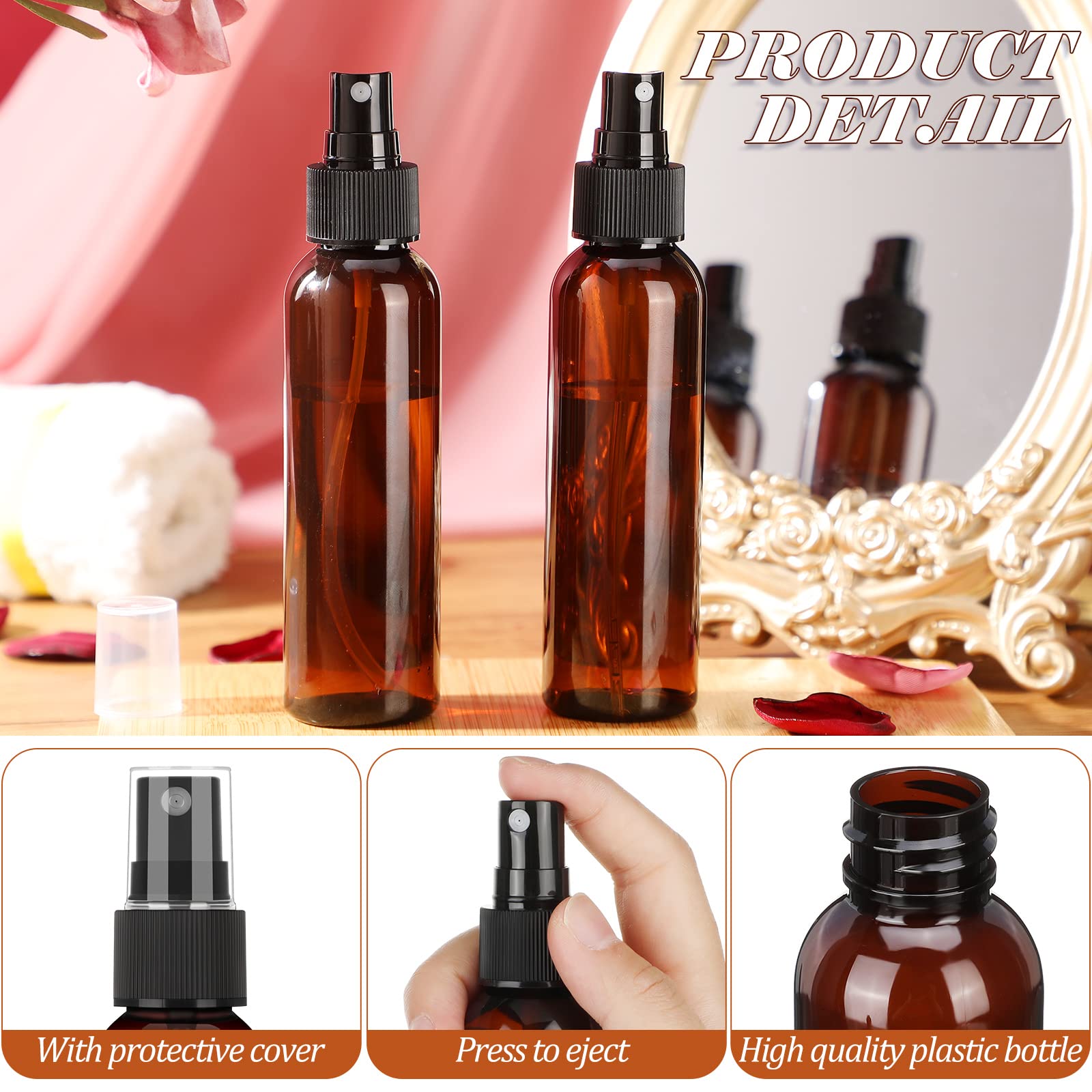 Nuogo 90 Pack 4 Oz Plastic Mini Spray Bottles Reusable Travel Size Perfume Refillable Mist Sprayer Empty Bottle for Essential Oil(Amber)
