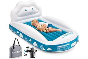 CHERIMOR Inflatable Toddler Travel Bed, Portable Toddler Bed with 4-Sides Safety Bumpers & Fast Auto Inflation Pump, Kids Air Mattress for Travel Camping, Grandma's Home Sleepovers Blow Up Mattress