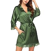 Ekouaer Womens Silk Robe Short Lace Trim Satin Robe 3/4 Sleeve Sexy Kimono Bride Bathrobe Comfy Sleepwear with Pockets