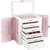 Kendal Extra Large Jewelry Box Jewelry Case PU Leather 6 Tier 5 Drawers Large Storage Capacity with Mirror Jewelry Storage Organizer Great Gift Also Good For Watches LJC-SHD5CM(White)