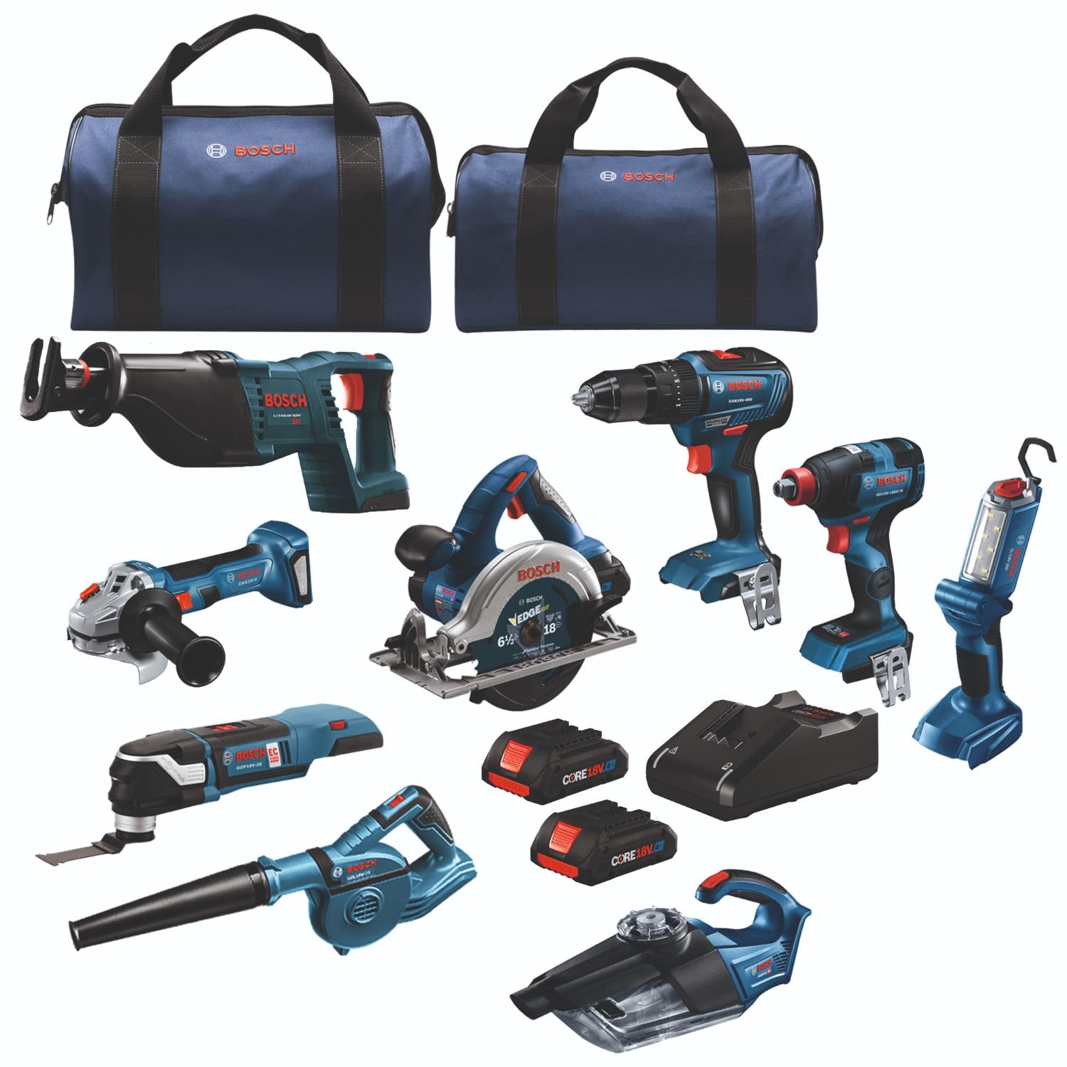 BOSCH GXL18V-901B25 Kit combinado de 9 herramientas de 18 V, destornillador de impacto 2 en 1, taladro percutor/destornillador, sierra recíproca, sierra circular, herramienta oscilante, amoladora angular, aspiradora, luz de trabajo, (2) baterías CORE18V 4