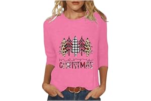 HNODOV Merry Christmas 3/4 Sleeve Tops for Women Cute Xmas Tree Tshirts Plus Size Crew Neck Blouse Soft Holiday Pullover Tees
