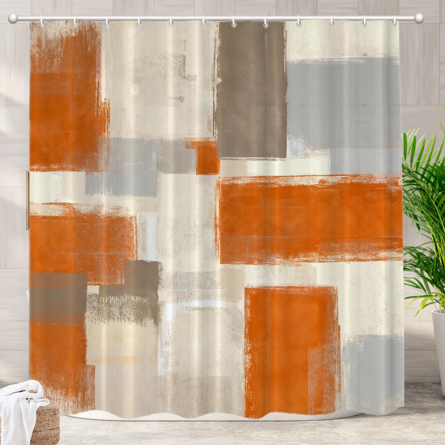Batmerry Beige Abstract Art Decor Shower Curtain, Orange Painting Bathroom Decor Polyester Fiber Plastic Rings Quick-Drying Waterproof for Bathtubs/Bathroom, 72x72 inches (72SC) — image 1