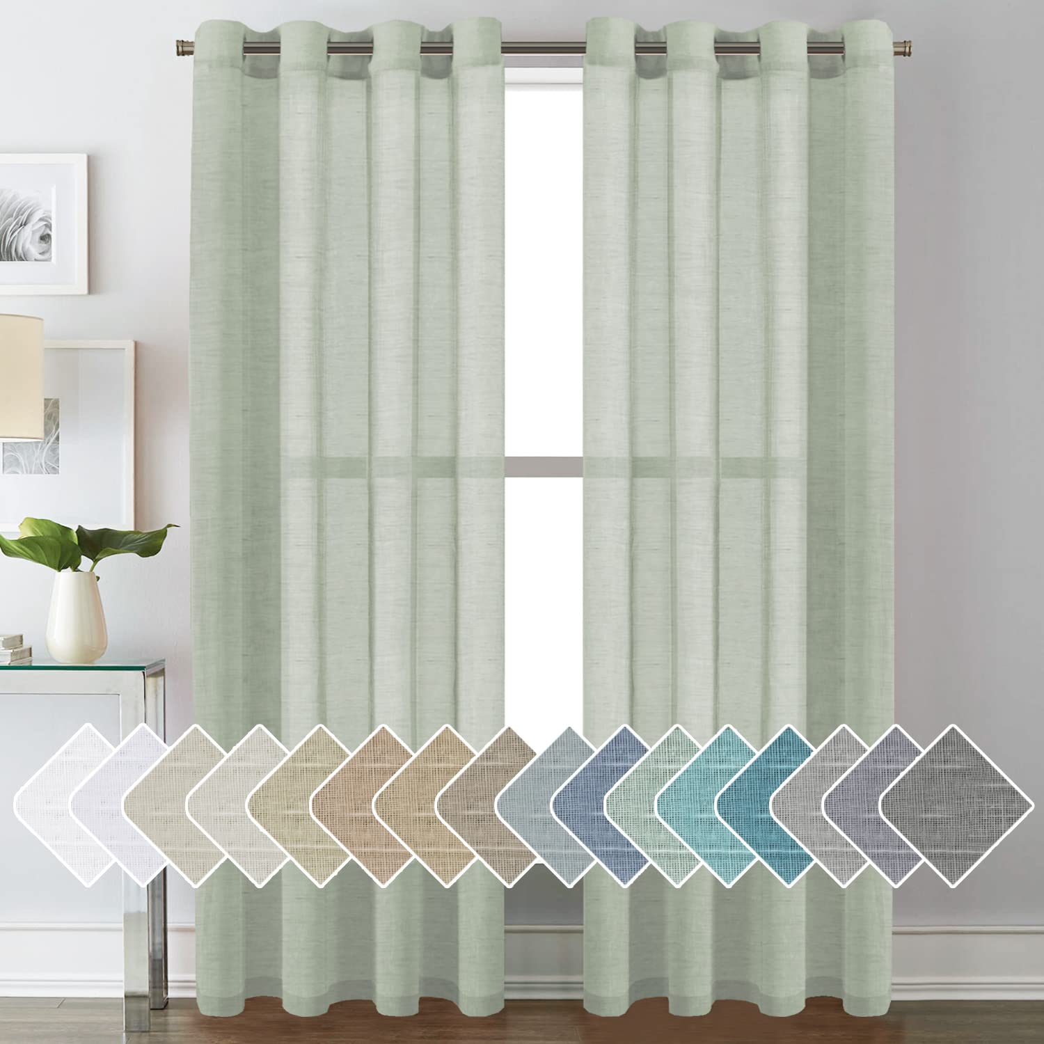 Photo 1 of H.VERSAILTEX Linen Curtains Natural Linen Blended Curtain Panels for Living Room/Light Reducing Linen Semi Sheer Curtains 84 inch Length 2 Panels Set Nickel Grommet Window Panels, Sage