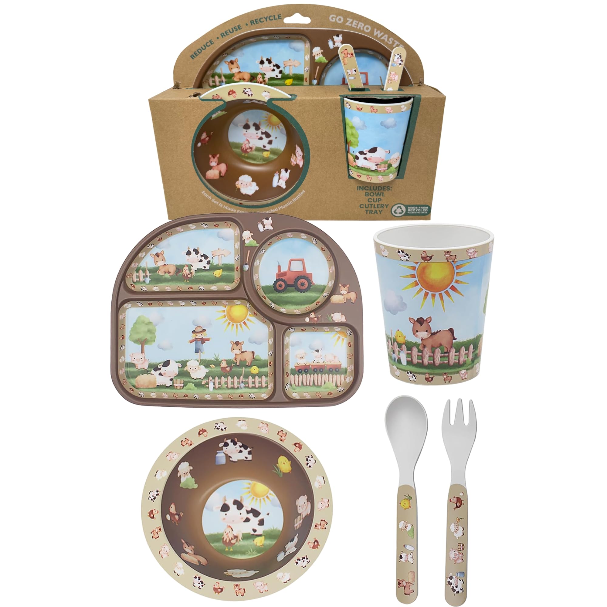 Childrens Dinner Set 4 Piece Dinner Set Bowl, Fork, Spoon, Plate and Cup Made from Recycled Materials HTUK (Farm)