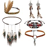 Nfvjfxz 5Pcs Native American Jewelry Sets for Women Indian Boho Costume Includes Simulated Peacock Feather Hair Accessories Dream Catcher Tassel Pendant Earrings Necklaces and Bracelets