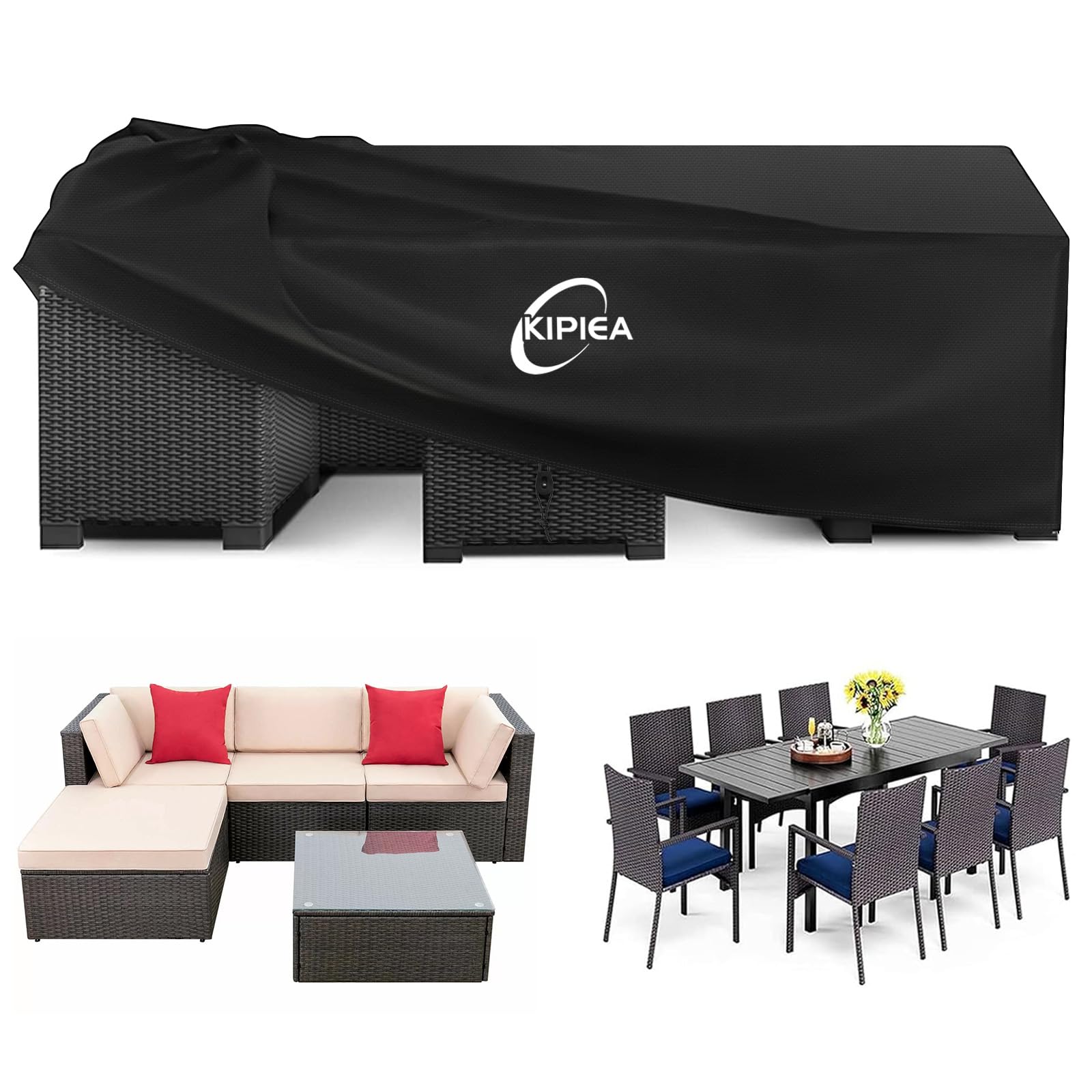 Kipiea Garden Furniture Covers Waterproof, 420D Heavy Duty Oxford Fabric Patio Furniture Cover Windproof, Outdoor Rattan Furniture Covers for Table and Chair, Anti-UV, No Tear - 188 x 120 x 71cm