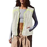Qiaomai Womens Fuzzy Fleece Vest Casual Button Down Contrast Trim Sleeveless Sherpa Jacket Outerwear