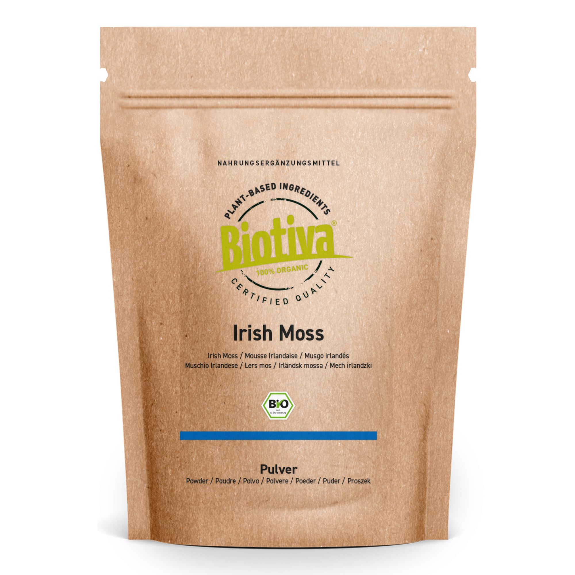 Biotiva Irish Moss Powder Organic 125g - 100% Organic - Chondrus crispus - Red Alga - Vegan - Without additives - Packed and Certified in Germay