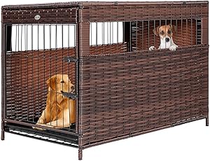 DEStar Heavy Duty PE Rattan Wicker Pet Dog Cage Crate Indoor Outdoor Puppy House Shelter with Removable Tray and UV Resistant Cover