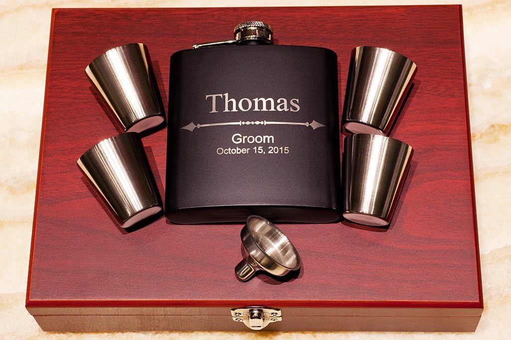 Rosewood Flask Gift Set, Personalized Groomsmen Gift, Custom Engraved Groom Flask +Funnel +Shot Glasses in Wood Box, Best Man,Bachelor Party