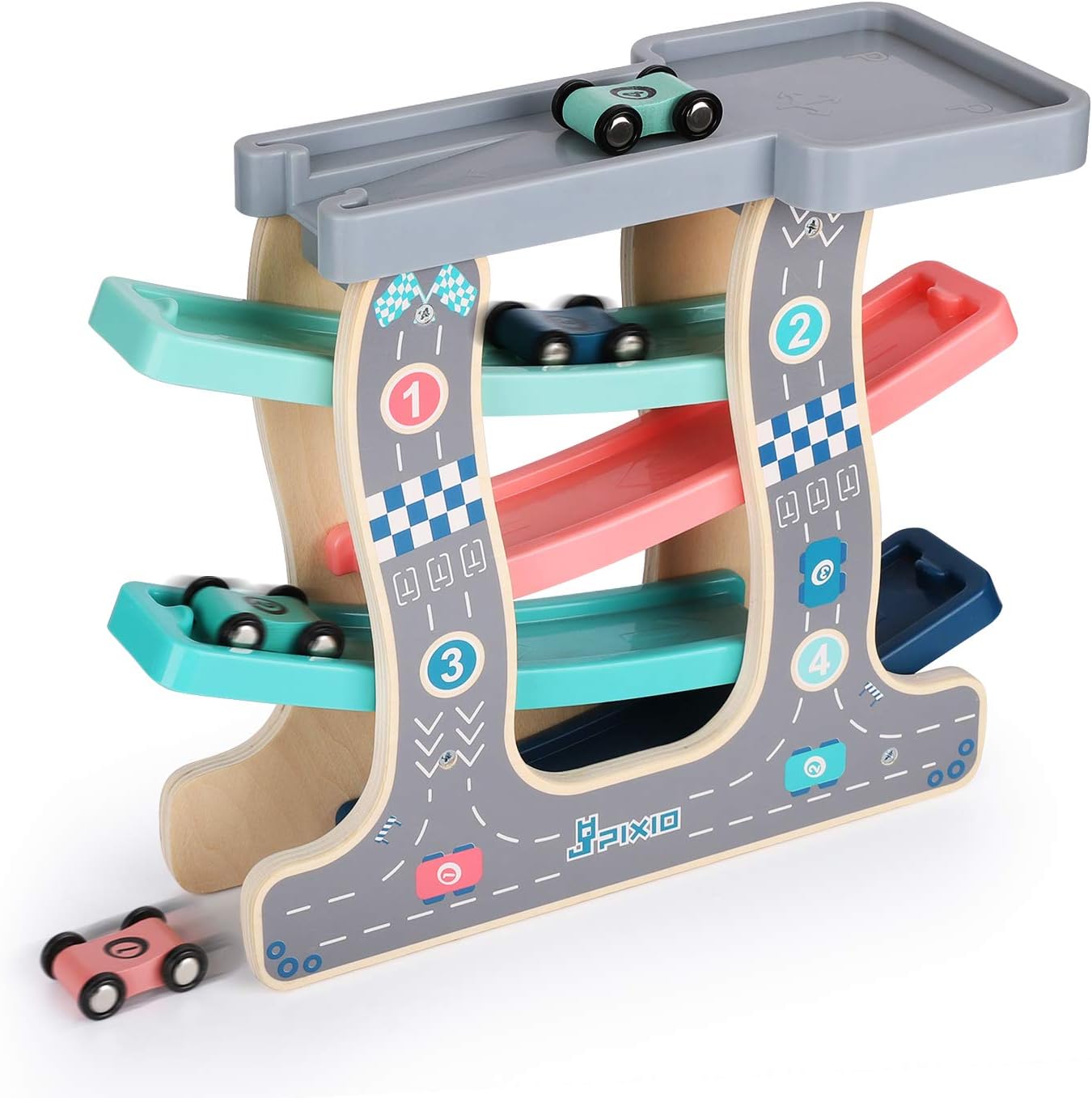 Wooden Race Track Car Ramp Racer With 4 Mini Cars for Toddler Boys and Girls Age 1 2 3 Years and Up Classic Early Development Vehicle Playset Toy