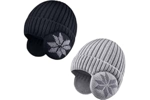 ZEXIAN 2 Pack Kids Beanie Winter Hat for 3-12 Years Cute Warm Fleece Lined with Ear Flaps for Boys and Girls