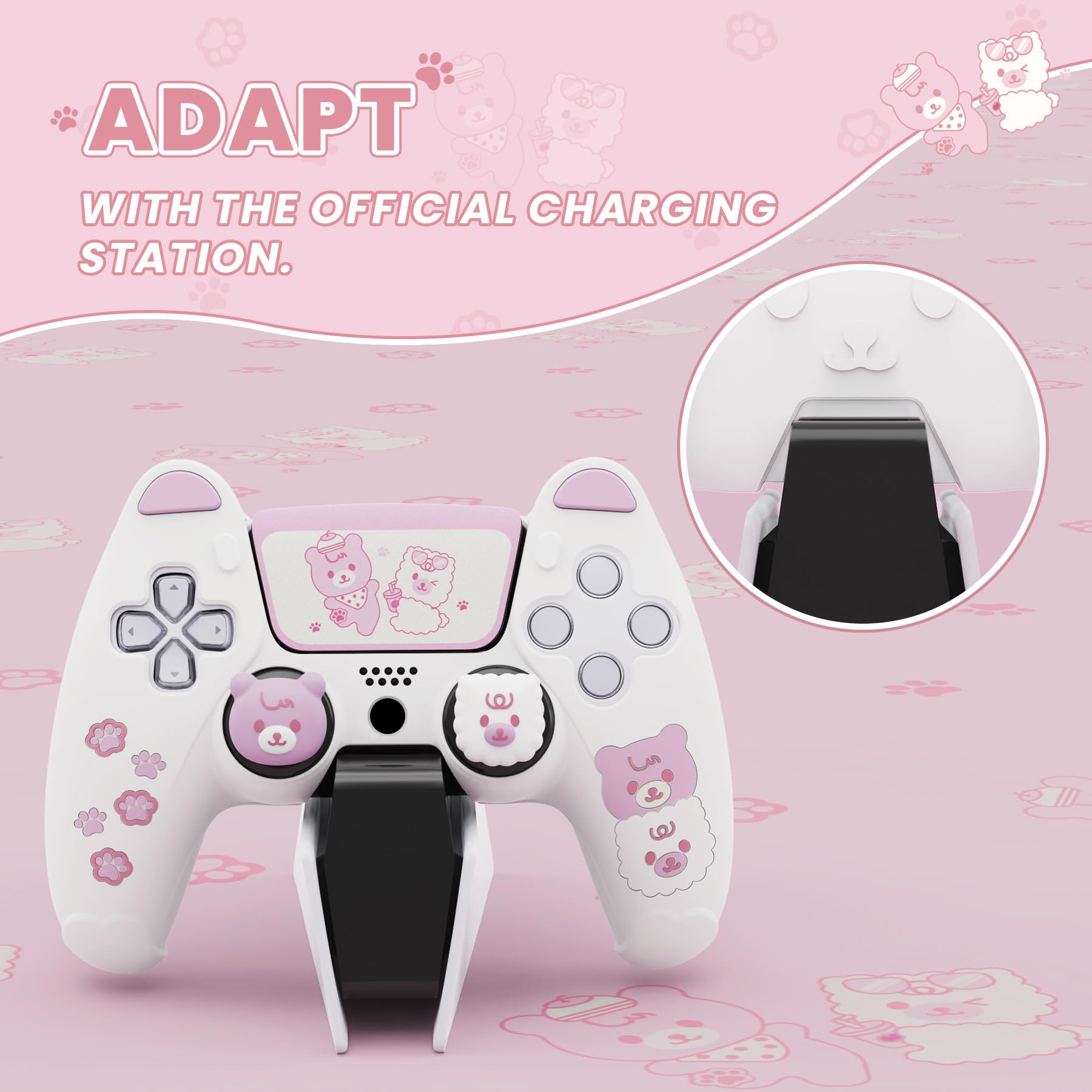 PlayVital Cute Bear Controller Silicone Case for ps5, Kawaii Controller Cover Compatible with Charging Station, Gamepad Skin Protector for ps5 with Touch Pad Sticker & Thumb Grips - White & Pink