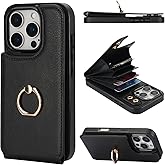 Folosu Compatible with iPhone 16 Pro Case Wallet with Card Holder, 360°Rotation Finger Ring Holder Kickstand, RFID Blocking Leather Protective Double Buttons Shockproof Cover 6.3 Inch Black