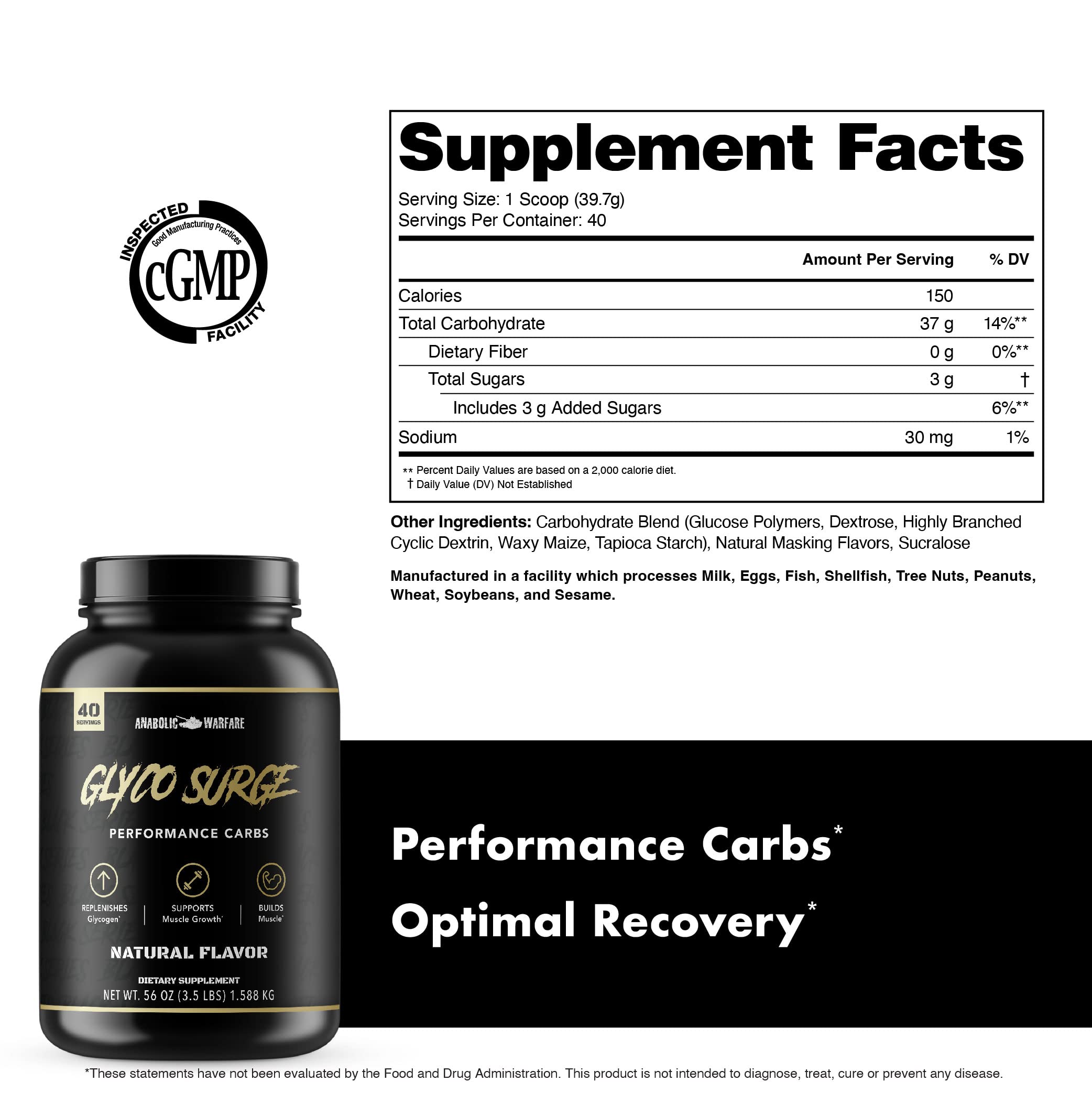 Anabolic Warfare Glyco Surge Glycogen Supplement Performance Carbs to Help Lean Muscle Growth, Post Workout Recovery and Endurance* (Natural - 40 Servings)