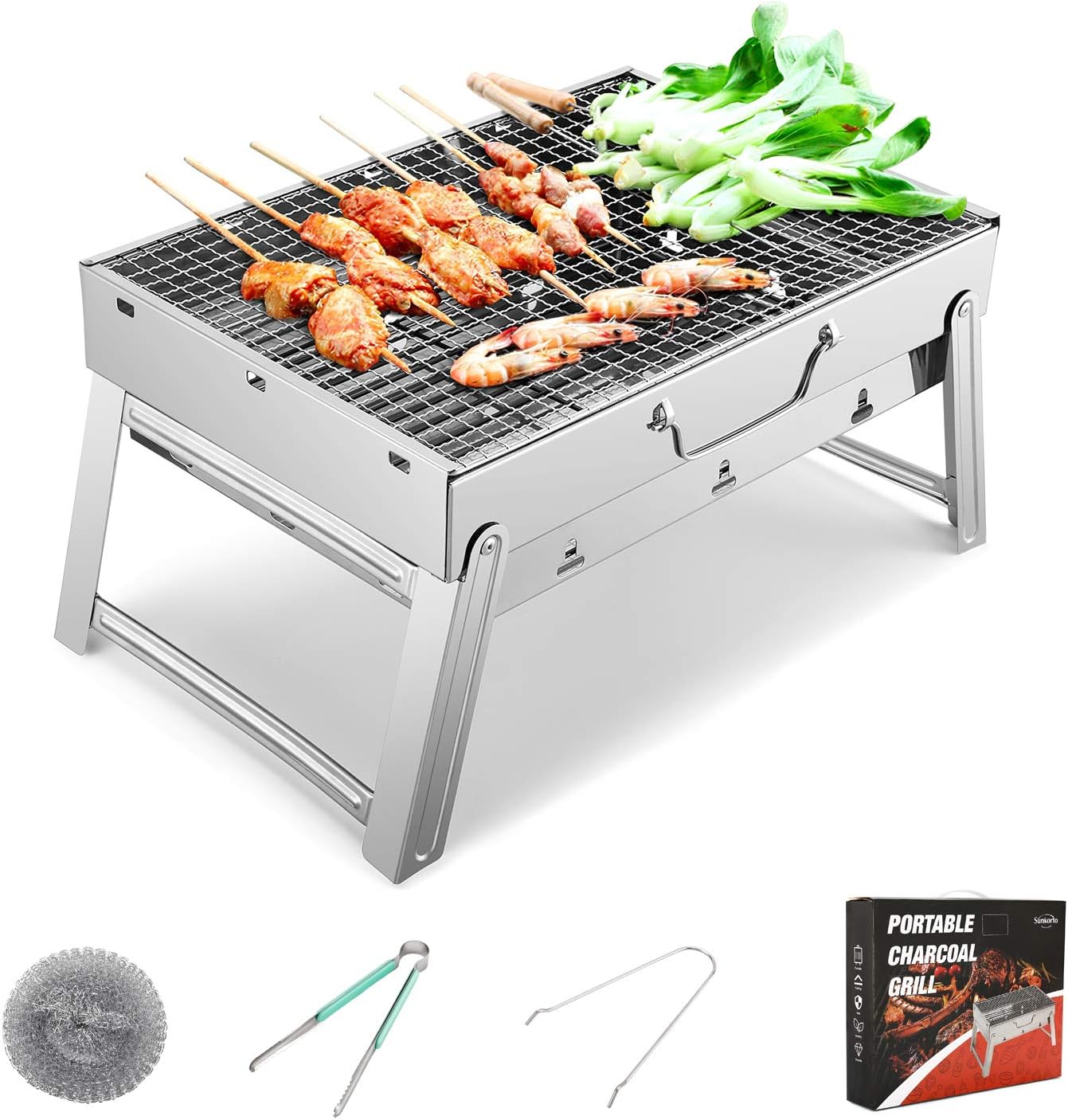 Sunkorto 15.4x10.6x8 Inch Folded Charcoal BBQ Grill Set, Stainless Steel Portable Folding Charcoal Barbecue Grill, Barbecue Tool Kits for Outdoor Picnic Patio Backyard Camping Cooking