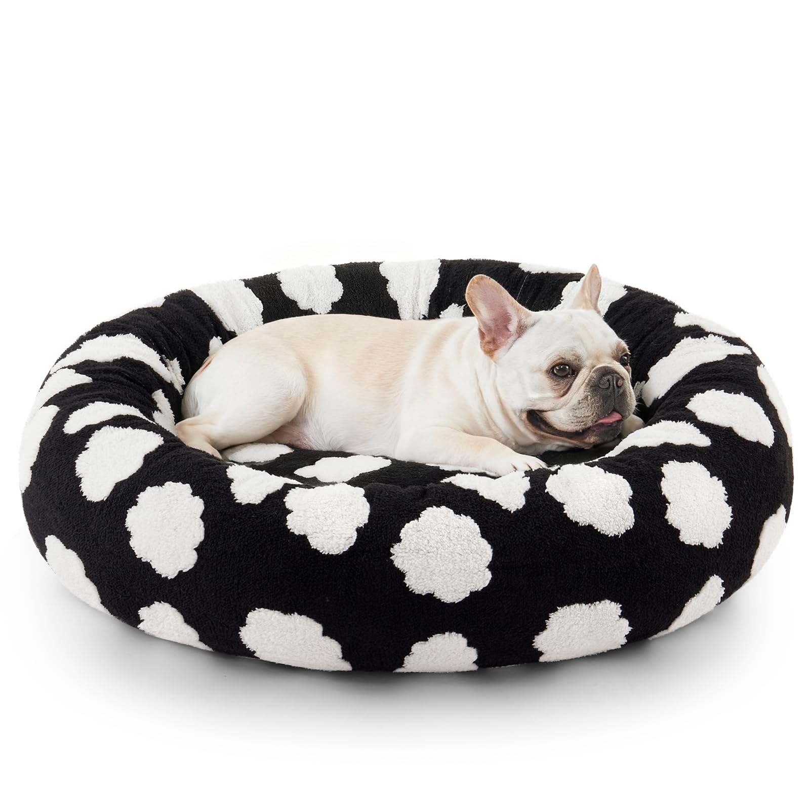 Photo 1 of JOEJOY Donut Calming Small Dog Bed, Round Cat Beds for Indoor Cats with Removable Washable Cover, 23In Orthopedic Cute Puppy Kitten Pet Bed with Jacquard Shaggy Plush & Non Skid Bottom, Black