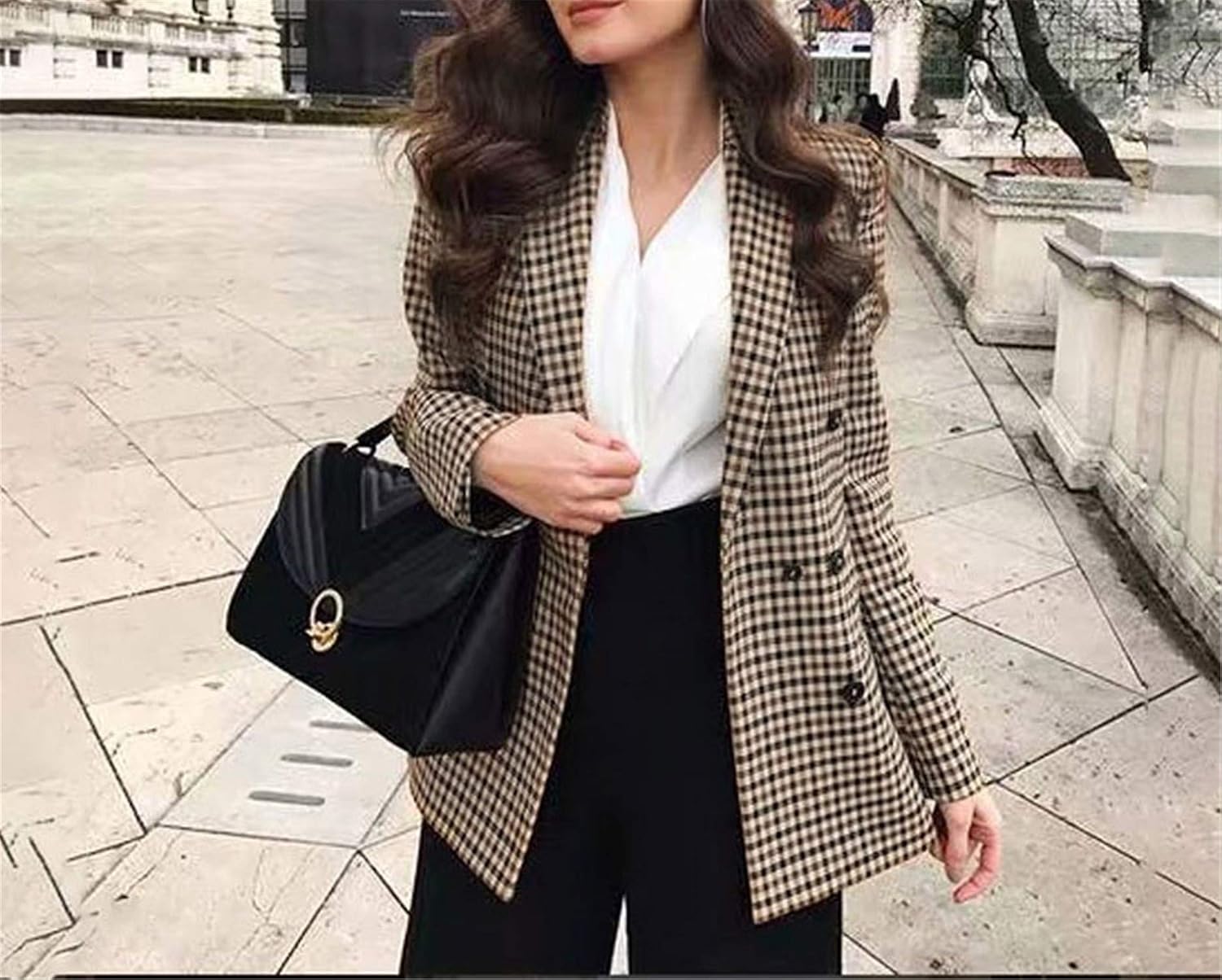 Double Breasted Plaid Blazer Women Long 