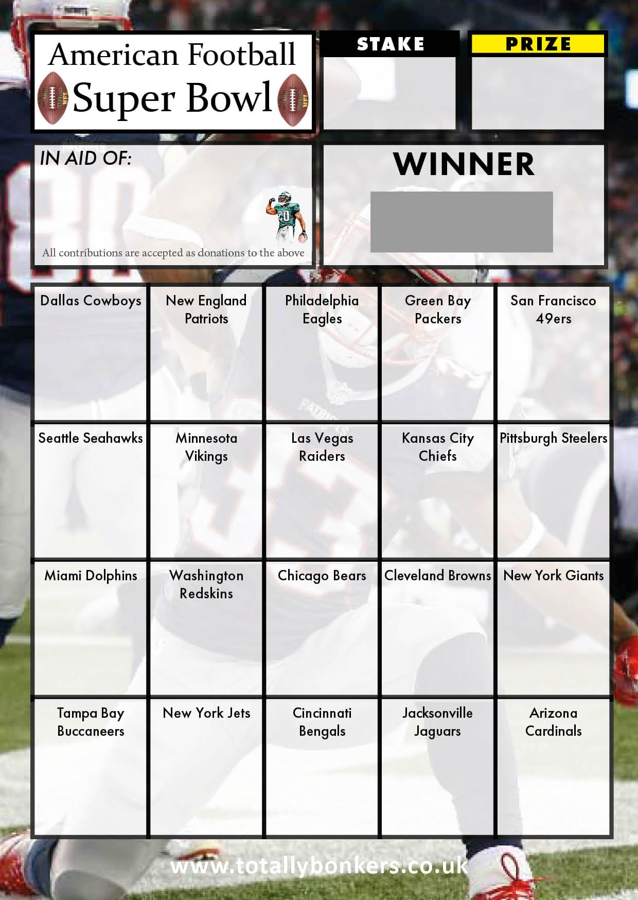 Totally Bonkers - American Football Fundraising Scratch Cards - 20 SQUARE - A6 (148x105mm) -10 Pack - TB0018 - Blind Card