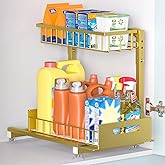 L-Shaped Under Sink Organizer, 2-Tier Pull Out Metal Kitchen Cabinet Organizer with Sliding Storage Drawer, Height Adjustable Heavy Duty Under Bathroom Sink Storage for Cleaning Supplies 1 Pack