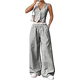 Milumia Women's 2 Pcs Outfits Striped V Neck Button Blazer Vest Pants Tracksuit