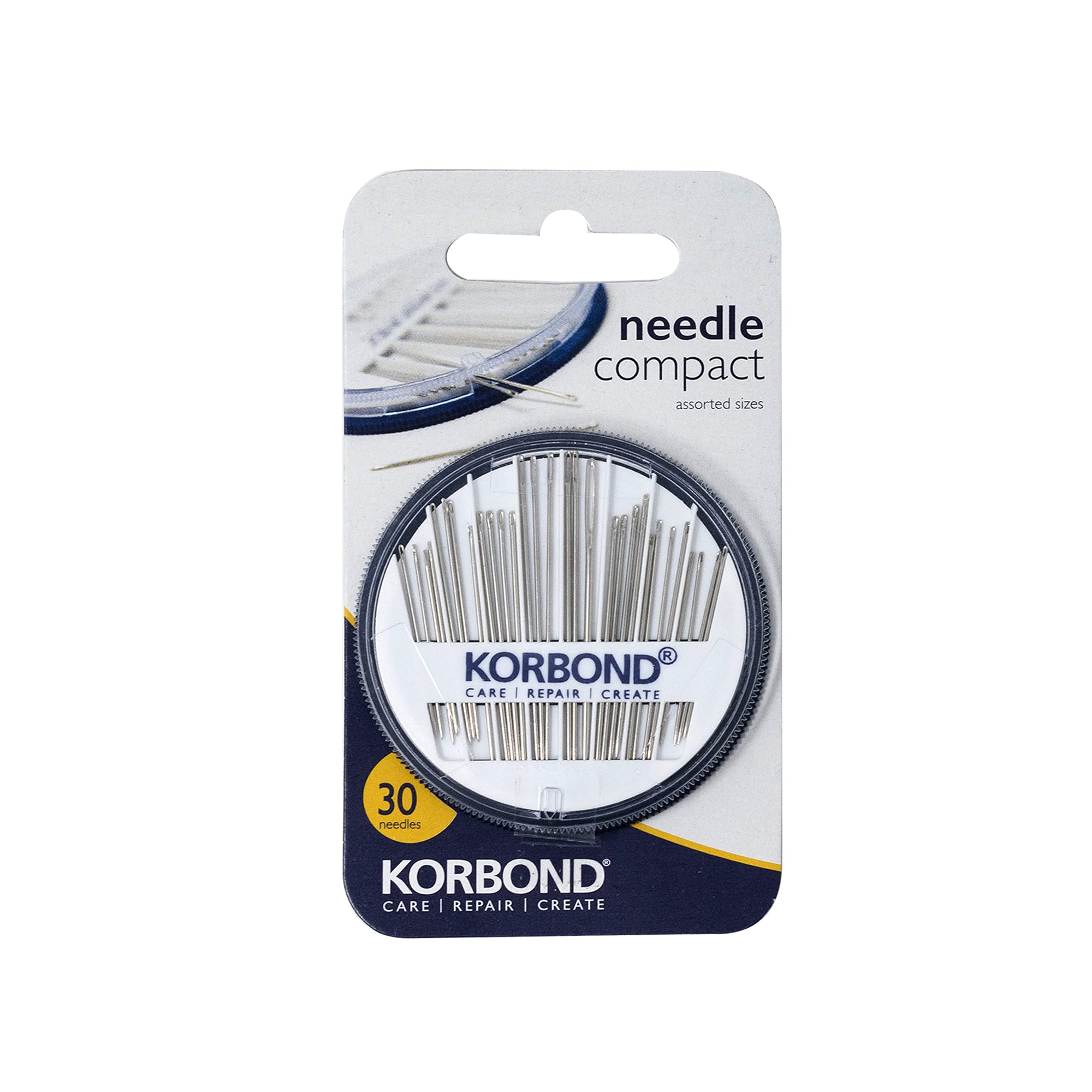 Korbond 30 Piece Needle Compact by Korbond – Needle Assortment for a Multitude of Hand Sewing, Betweens Tapestry & Darning Needles, White|blue|grey