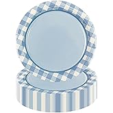 HiEnjoin 50PCS Blue Gingham Birthday Plates, 7 Inch Disposable Gingham Cake Plates Plaid Dessert Plates for Picnic Barbecue Baby Shower Wedding Birthday Party Decorations