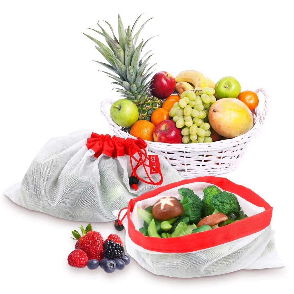 POWERbeast Reusable Grocery Bags Eco Friendly Washable Produce Mesh Bags with Drawstrings for Shopping & Storage Fruit Vegetable and Toys,Set of 12