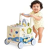 Wooden Baby Walker Push Toy for Toddlers 10M+ | Adjustable Height & Speed Control | Montessori Activity Center with Fishing Game, Music, Storage | Ocean World Theme Learning Walking Toy