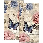 2 Pack Hand Towels for Bath, Rose Flower with Butterfly Decorative Kitchen Towels Highly Absorbent Soft Towels for Bathroom Beach Spa Gym Face Towel 14x28 Inch