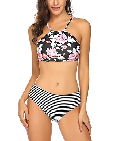 Meaneor_Fashion_Origin Bikini Damen High Waist Neckholder Zweiteiliger Blumen Badeanzüge Push up Swimsuit Rückenfrei Schwimma