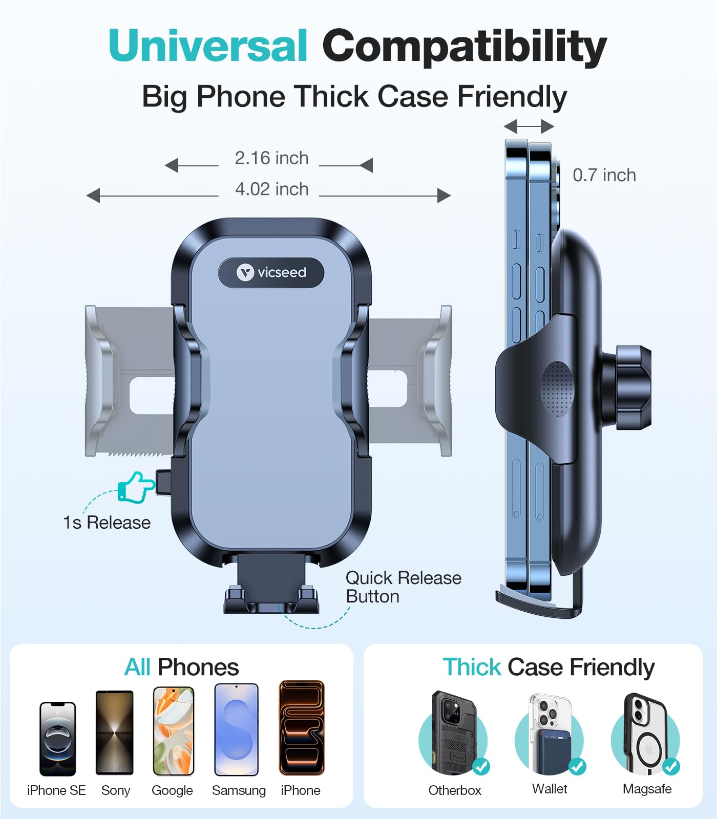 VICSEED Upgrade Ultra Stable Car Phone Holder Mount【Double Lock Metal Clip】 Universal Air Vent Phone Mount,Mobile Cell Phone Holder for Your Car,for iPhone 17 Pro Max 16 and All Phone