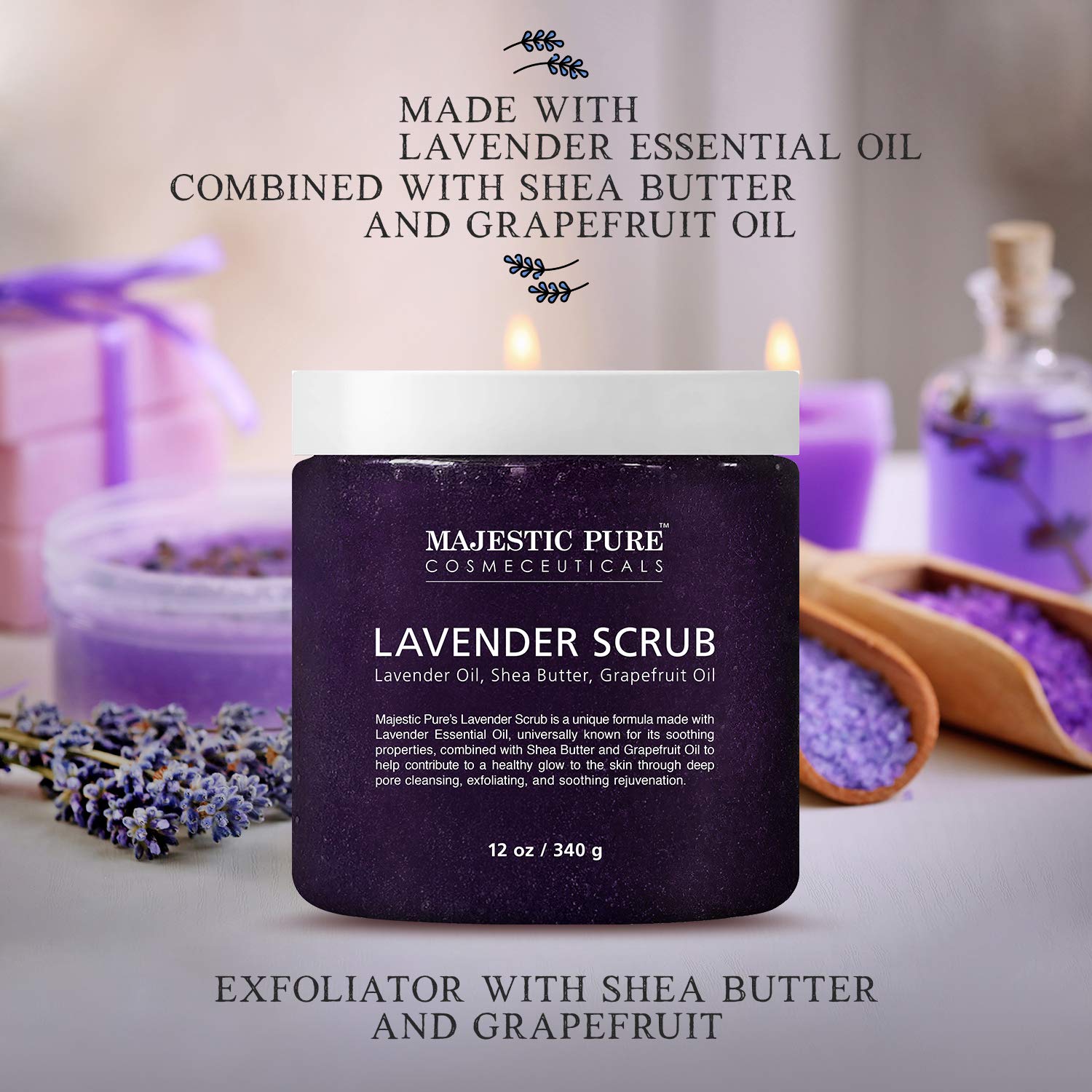 Lavender Oil Body Scrub Exfoliator with Shea Butter and Grapefruit Oil by Majestic Pure - Exfoliate & Moisturize Skin, Fights Acne - 12 oz : Beauty