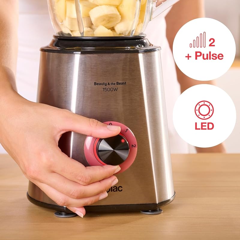 BV5728 Beauty and the Beast 1500 - Batidora de vaso, 1500W, cuchillas 6 filos de acero inoxidable, 2 velocidades + Turbo, pica hielo, jarra cristal graduada 1.5L, boca llenado, sistema seguridad