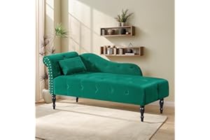 HomJoones Tufted Upholstered Velvet Rolled Arm Chaise Lounges Indoor Chair, Right Arm Facing Chaise Lounge with Nailhead Trim and 1 Pillow,for Living Room Bedroom Office (Green)