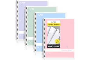 SUNEE Spiral Notebooks College Ruled, 1-Subject, 4 Pack, 8 x 10-1/2 in, 70 Sheets, 3-Hole Punched 70gsm Paper, Pastel Pink, Purple, Blue, Green for School, Home & Office, Writing Journal