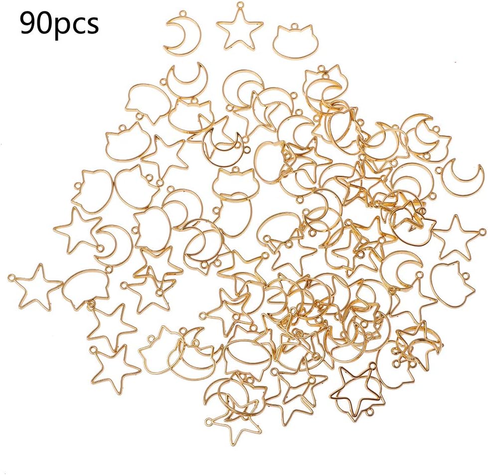90Pcs Blank Pendant,Cat Moon Star Resin Frame Open Bezels Setting Blank Pendant Jewelry Making