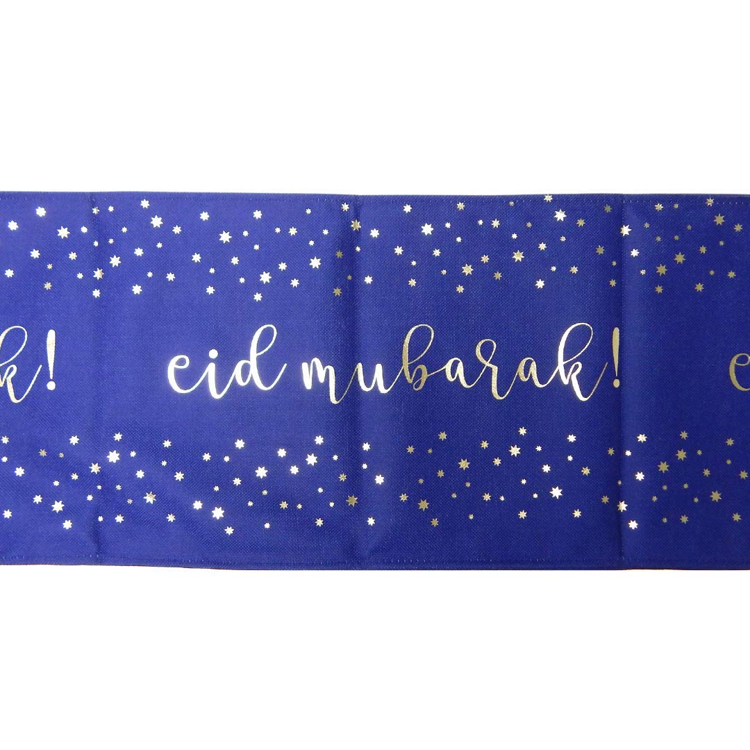 Peacock Supplies Happy Eid Table Runner - 240cm x 30cm | Blue & Silver Design | Easy Clean Cotton Fabric | Ideal for Kitchen Table & Dining Table | Water Resistant & Durable | Elegant & Practical