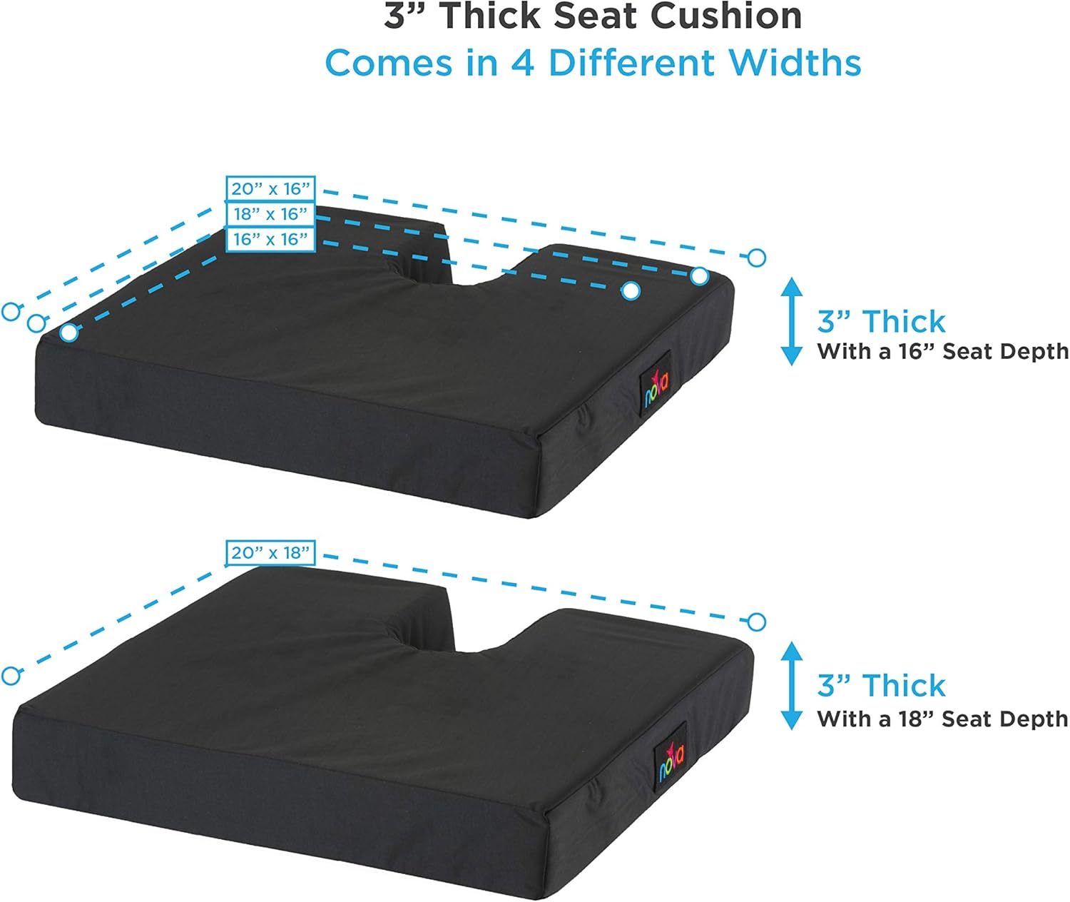 NOVA Coccyx Gel Memory Foam Seat & Wheelchair Cushion in 4 Sizes, Comfortable on The Tailbone Cushion with Removable Water Resistant Cover, 3” Thick Gel Memory Foam Seat Pad with Attachment Straps: Home & Kitchen