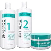 UNNIQUE Extreme Keratin Treatment Kit - 32 FL Oz Frizz Control with Clarifying Shampoo, Brazilian Smoothing Solution &amp; Deep Repair Mask for Damaged, Dull Hair