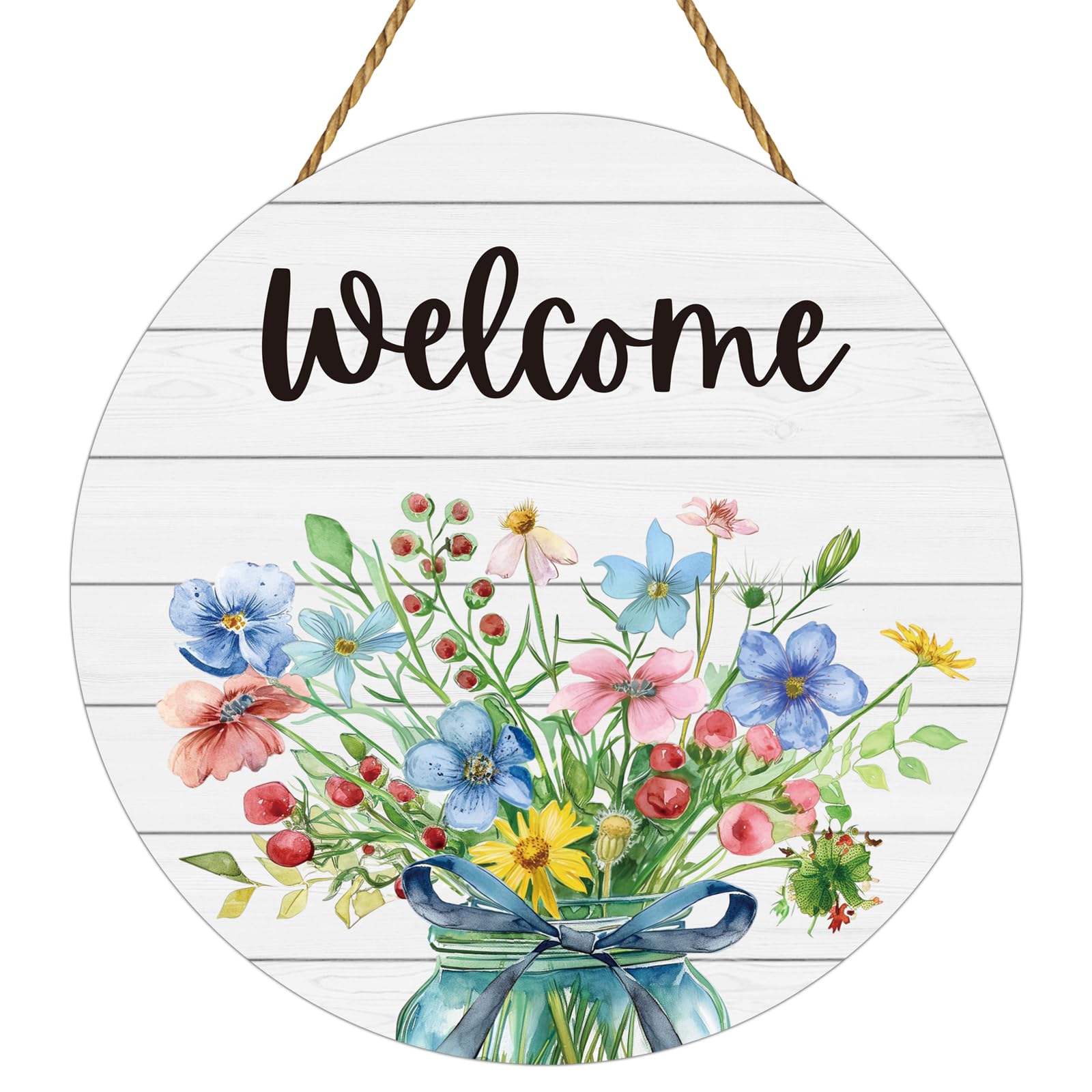 Spring Decorations for Home Spring Door Decor Mason Jar Flowers Wall Decor Wooden Wreaths for Front Door Hanger Welcome Sign for Porch Wall Indoor Home Decor (Flower)