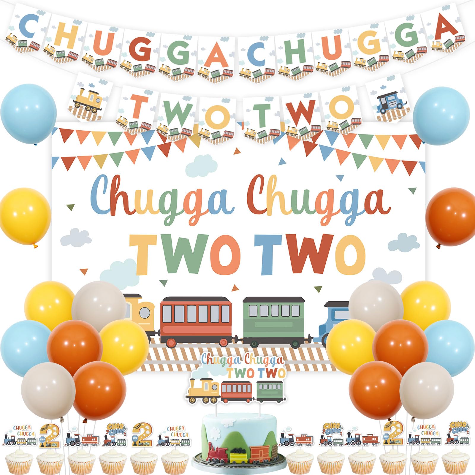 Photo 1 of Kreatwow Train 2nd Birthday Party Decorations Chugga Chugga Two Two Backdrop Banner Cake Toppers