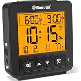 Geevon Small Atomic Travel Alarm Clock with Auto/8s Backlight, 2 Alarm Settings, Temperature, Increasing Beep Sounds Digital Atomic Travel Clock Battery Operated for Bedroom, Bedside, Black